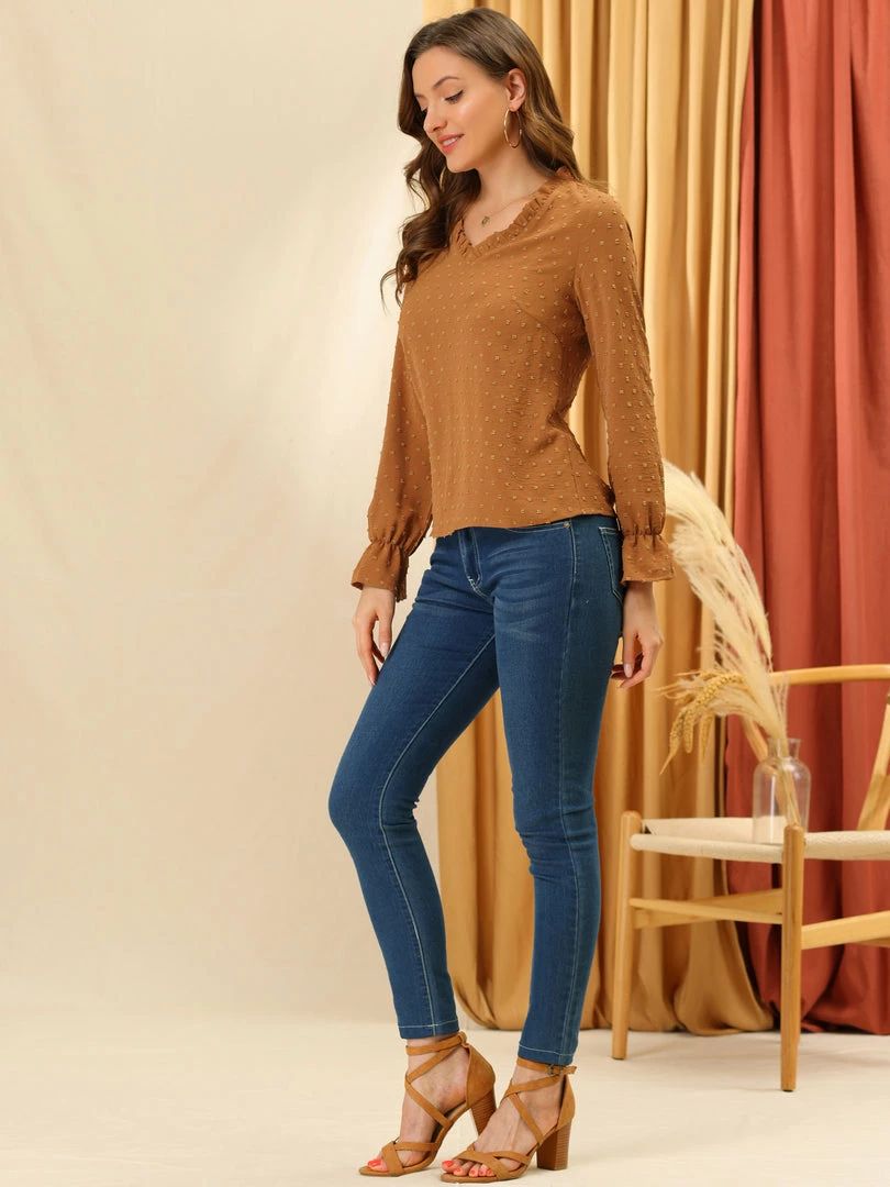 Allegra K Women's V Neck Ruffled Bubble Sleeve Casual Swiss Dots T-Shirt 7 Allegra K Women's V Neck Ruffled Bubble Sleeve Casual Swiss Dots T-Shirt