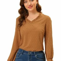 Allegra K Women's V Neck Ruffled Bubble Sleeve Casual Swiss Dots T-Shirt