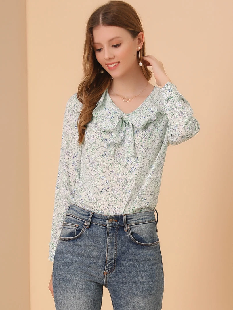 Allegra K Women's Ruffle Tie Neck Top Elegant Chiffon Floral Blouse 5 Allegra K Women's Ruffle Tie Neck Top Elegant Chiffon Floral Blouse