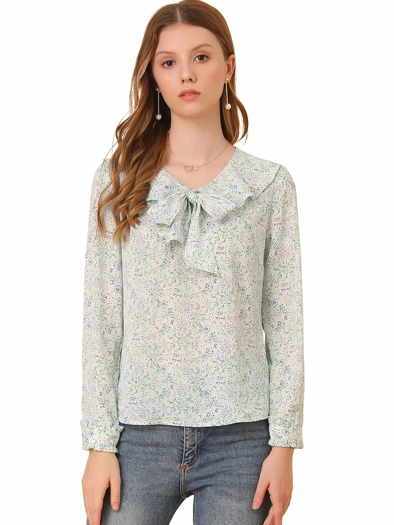 Allegra K Women's Ruffle Tie Neck Top Elegant Chiffon Floral Blouse 6 Allegra K Women's Ruffle Tie Neck Top Elegant Chiffon Floral Blouse