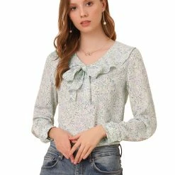 Allegra K Women's Ruffle Tie Neck Top Elegant Chiffon Floral Blouse