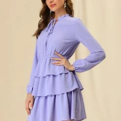 Allegra K Women's Swiss Dots Tie V Neck Layered Tiered Dress