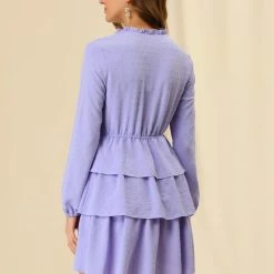 Allegra K Women's Swiss Dots Tie V Neck Layered Tiered Dress