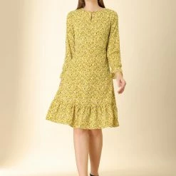 Women Allegra K Leopard Keyhole Neck Long Sleeve Dress