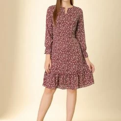 Women Allegra K Leopard Keyhole Neck Long Sleeve Dress