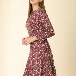 Women Allegra K Leopard Keyhole Neck Long Sleeve Dress
