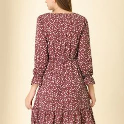 Women Allegra K Leopard Keyhole Neck Long Sleeve Dress