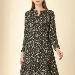 Women Allegra K Leopard Keyhole Neck Long Sleeve Dress