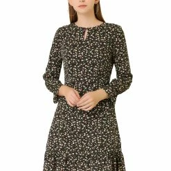 Women Allegra K Leopard Keyhole Neck Long Sleeve Dress