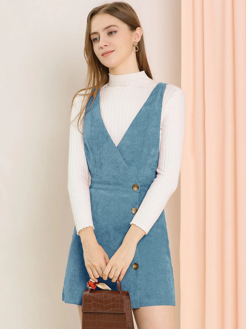 Allegra K Women's Corduroy Mini V Neck A-line Pinafore Bib Overall Dress 45 Allegra K Women's Corduroy Mini V Neck A-line Pinafore Bib Overall Dress