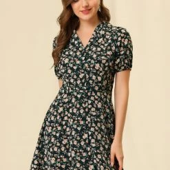 Allegra K Women's Vintage Floral Short Sleeve Camp Collar Button Up A-Line Dress