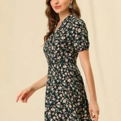 Allegra K Women's Vintage Floral Short Sleeve Camp Collar Button Up A-Line Dress