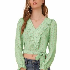 Allegra K Women's Floral Print Bow Tie Chiffon V Neck Ruffle Hem Crop Tops Blouse