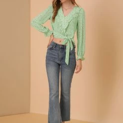 Allegra K Women's Floral Print Bow Tie Chiffon V Neck Ruffle Hem Crop Tops Blouse