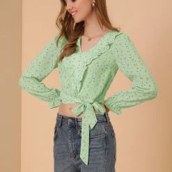 Allegra K Women's Floral Print Bow Tie Chiffon V Neck Ruffle Hem Crop Tops Blouse