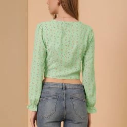 Allegra K Women's Floral Print Bow Tie Chiffon V Neck Ruffle Hem Crop Tops Blouse