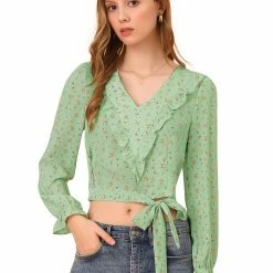 Allegra K Women's Floral Print Bow Tie Chiffon V Neck Ruffle Hem Crop Tops Blouse