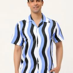 Allegra K Men's Summer Stripe Printed Regular Fit Short Sleeves Button Closure Color Block Shirts Tops