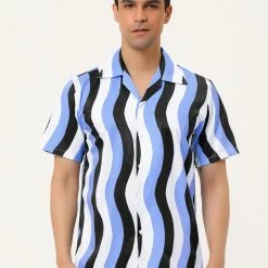 Allegra K Men's Summer Stripe Printed Regular Fit Short Sleeves Button Closure Color Block Shirts Tops
