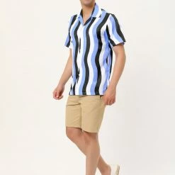 Allegra K Men's Summer Stripe Printed Regular Fit Short Sleeves Button Closure Color Block Shirts Tops
