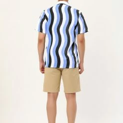 Allegra K Men's Summer Stripe Printed Regular Fit Short Sleeves Button Closure Color Block Shirts Tops