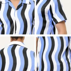 Allegra K Men's Summer Stripe Printed Regular Fit Short Sleeves Button Closure Color Block Shirts Tops