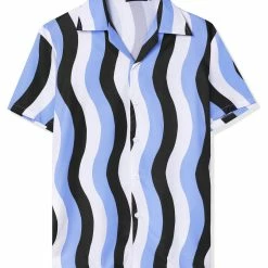 Allegra K Men's Summer Stripe Printed Regular Fit Short Sleeves Button Closure Color Block Shirts Tops