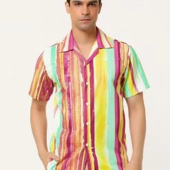 Allegra K Men's Summer Stripe Printed Regular Fit Short Sleeves Button Closure Color Block Shirts Tops