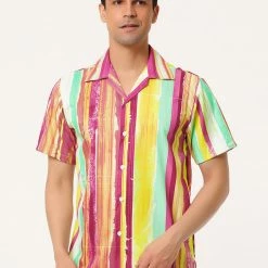 Allegra K Men's Summer Stripe Printed Regular Fit Short Sleeves Button Closure Color Block Shirts Tops