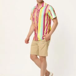 Allegra K Men's Summer Stripe Printed Regular Fit Short Sleeves Button Closure Color Block Shirts Tops