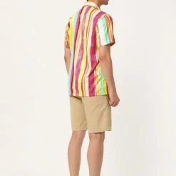 Allegra K Men's Summer Stripe Printed Regular Fit Short Sleeves Button Closure Color Block Shirts Tops