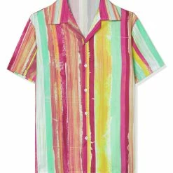 Allegra K Men's Summer Stripe Printed Regular Fit Short Sleeves Button Closure Color Block Shirts Tops