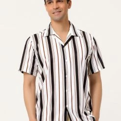 Allegra K Men's Summer Stripe Printed Regular Fit Short Sleeves Button Closure Color Block Shirts Tops