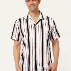 Allegra K Men's Summer Stripe Printed Regular Fit Short Sleeves Button Closure Color Block Shirts Tops