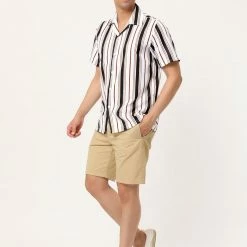 Allegra K Men's Summer Stripe Printed Regular Fit Short Sleeves Button Closure Color Block Shirts Tops