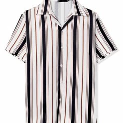 Allegra K Men's Summer Stripe Printed Regular Fit Short Sleeves Button Closure Color Block Shirts Tops