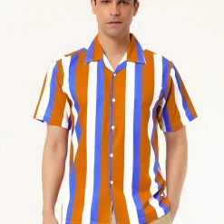 Allegra K Men's Summer Stripe Printed Regular Fit Short Sleeves Button Closure Color Block Shirts Tops