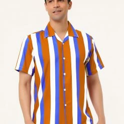 Allegra K Men's Summer Stripe Printed Regular Fit Short Sleeves Button Closure Color Block Shirts Tops