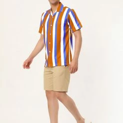 Allegra K Men's Summer Stripe Printed Regular Fit Short Sleeves Button Closure Color Block Shirts Tops