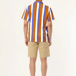 Allegra K Men's Summer Stripe Printed Regular Fit Short Sleeves Button Closure Color Block Shirts Tops
