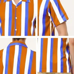 Allegra K Men's Summer Stripe Printed Regular Fit Short Sleeves Button Closure Color Block Shirts Tops