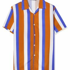 Allegra K Men's Summer Stripe Printed Regular Fit Short Sleeves Button Closure Color Block Shirts Tops