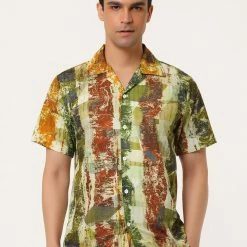 Allegra K Men's Summer Stripe Printed Regular Fit Short Sleeves Button Closure Color Block Shirts Tops