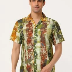 Allegra K Men's Summer Stripe Printed Regular Fit Short Sleeves Button Closure Color Block Shirts Tops