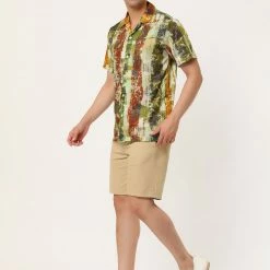 Allegra K Men's Summer Stripe Printed Regular Fit Short Sleeves Button Closure Color Block Shirts Tops