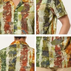 Allegra K Men's Summer Stripe Printed Regular Fit Short Sleeves Button Closure Color Block Shirts Tops