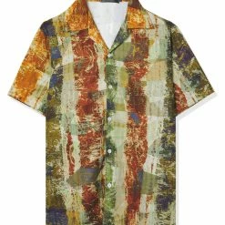 Allegra K Men's Summer Stripe Printed Regular Fit Short Sleeves Button Closure Color Block Shirts Tops