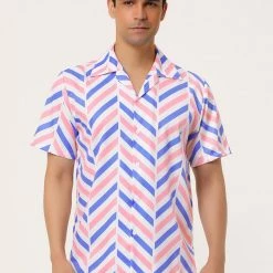 Allegra K Men's Summer Stripe Printed Regular Fit Short Sleeves Button Closure Color Block Shirts Tops