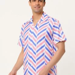 Allegra K Men's Summer Stripe Printed Regular Fit Short Sleeves Button Closure Color Block Shirts Tops