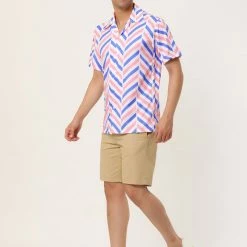 Allegra K Men's Summer Stripe Printed Regular Fit Short Sleeves Button Closure Color Block Shirts Tops